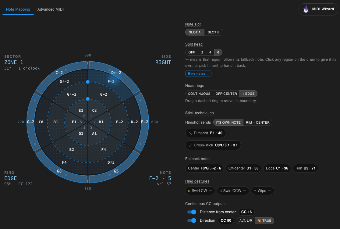DruML Studio note mapping: six-slice head with center, off-center and edge rings, live sector, ring and note readouts